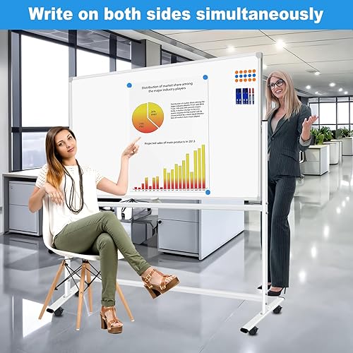 Miniatura 3 de Pizarra blanca magnética de borrado en seco con soportes de 60 x 40 pulgadas, doble cara de 5 x 3 pies, pizarra blanca grande rodante sobre ruedas,