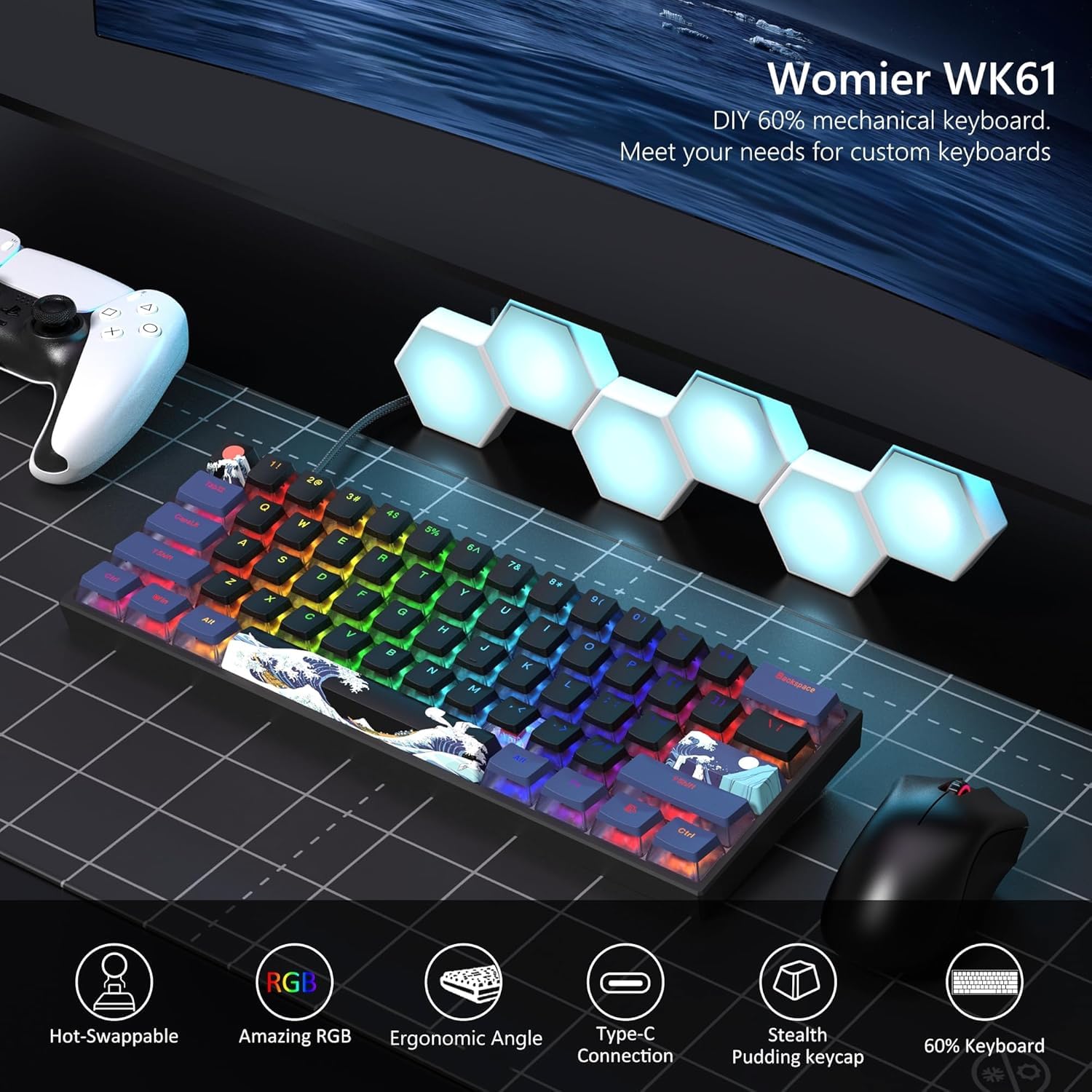 WK61 Tastiera da Gioco Meccanica 60%, Hot Swappable, Tastiera da Gioco Meccanica Cablata RGB con PBT Mare di corallo nero per Giocatori/PC/Win - Interruttore Lineare Rosso