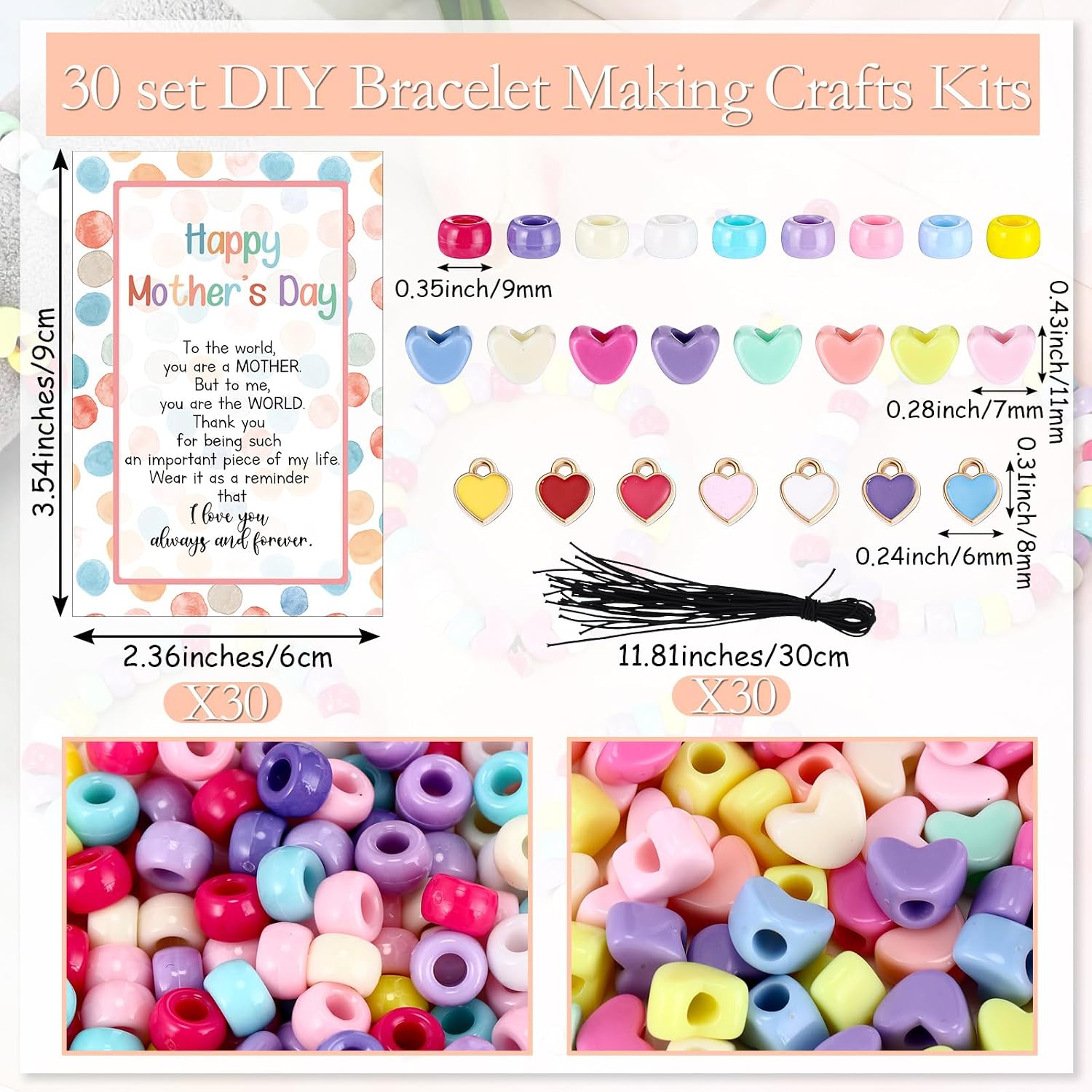 FineCheer 30 Sets Mother's Day Bracelets Crafts Mothers Day Gifts Bulk DIY Round Heart Beads Charm Make Your Own Bracelets for Family Classroom Jewelry Making Party Favors