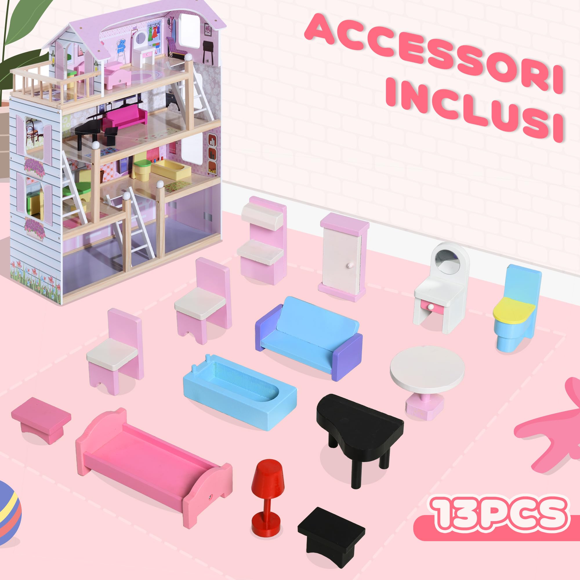 HOMCOM Casa delle Bambole per Bambini 3+ Anni a 4 Piani 60x30x80 cm Rosa | Legno di Pino e MDF, 13 Accessori