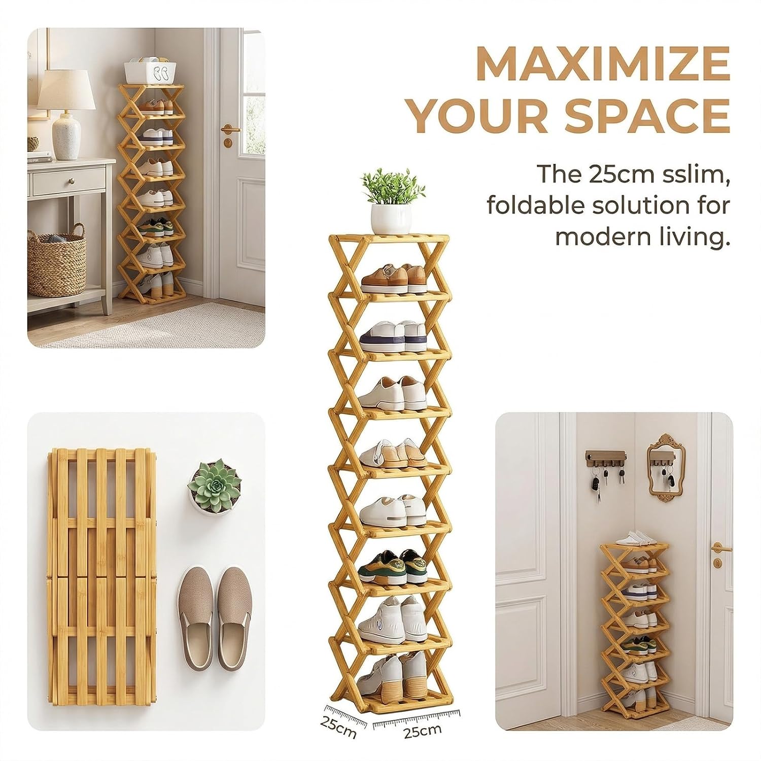 9 Tier Bamboo Shoe Rack Vertical, Collapsible Shoe Rack Organizer, Foldable Shoe Storage Shelf for Small Spaces, Expandable Corner Shoe Rack for Entryway, Closet & Bedroom (5 Tier)