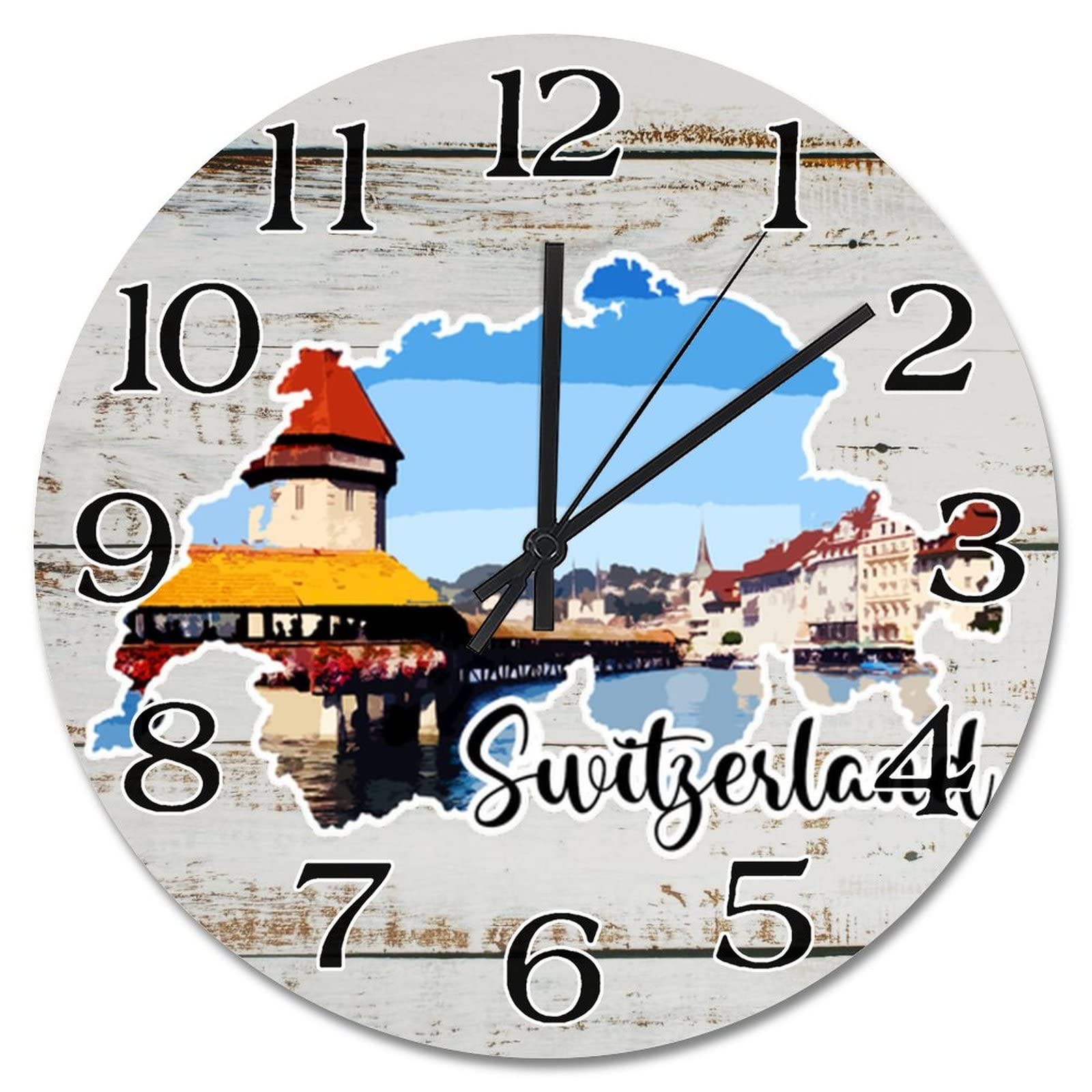 Horloge murale en bois paysage de la Suisse de 38 cm pour une décoration de salon moderne