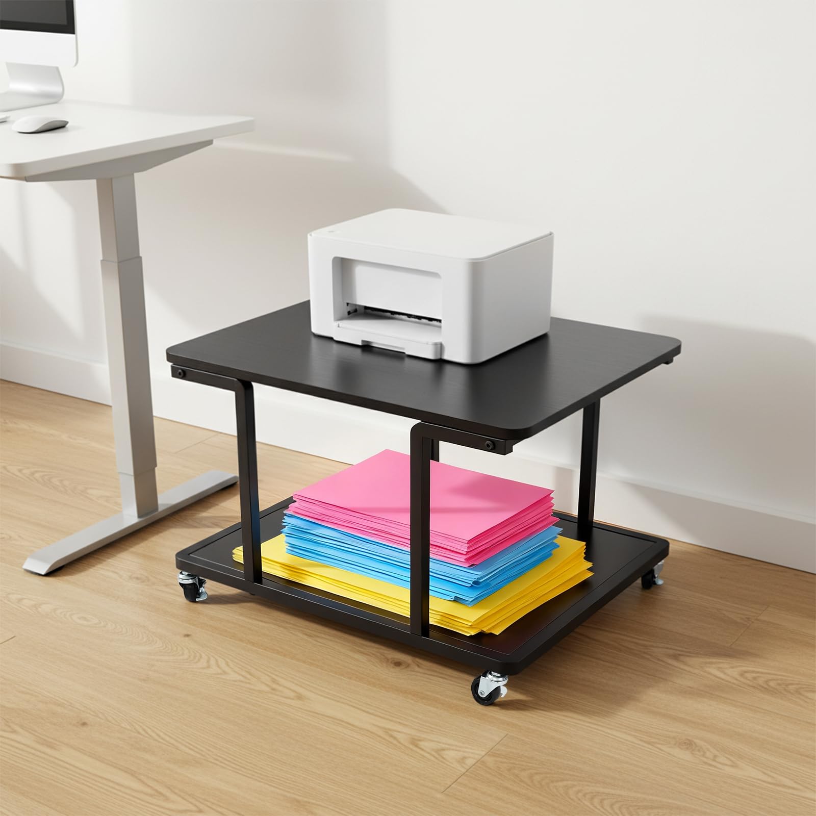 Druckertisch mit Rollen, 61 × 51 × 38 cm Druckerständer 2 Ebenen Büroregal Druckerwagen Scanner Tisch Stabil Metall für Homeoffice Küche Schwarz