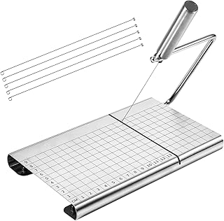 Cheese Slicer Cutter with 5pcs Replacement Wires, Stainless Steel Cutter Board with Precision Scale and Anti Slip Pads for Cutting Block Cheese & Butter Kit