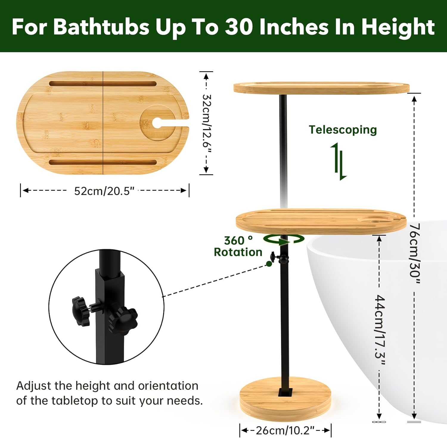 NiHome Bamboo Large Swivel TV Tray Table with Thickened Stable Non-Tipping Base, Adjustable Height Couch Table Tray, End Table, Bathtub Side Tray Table 360° Rotating for Hot Tub Bedside Sofa Balcony