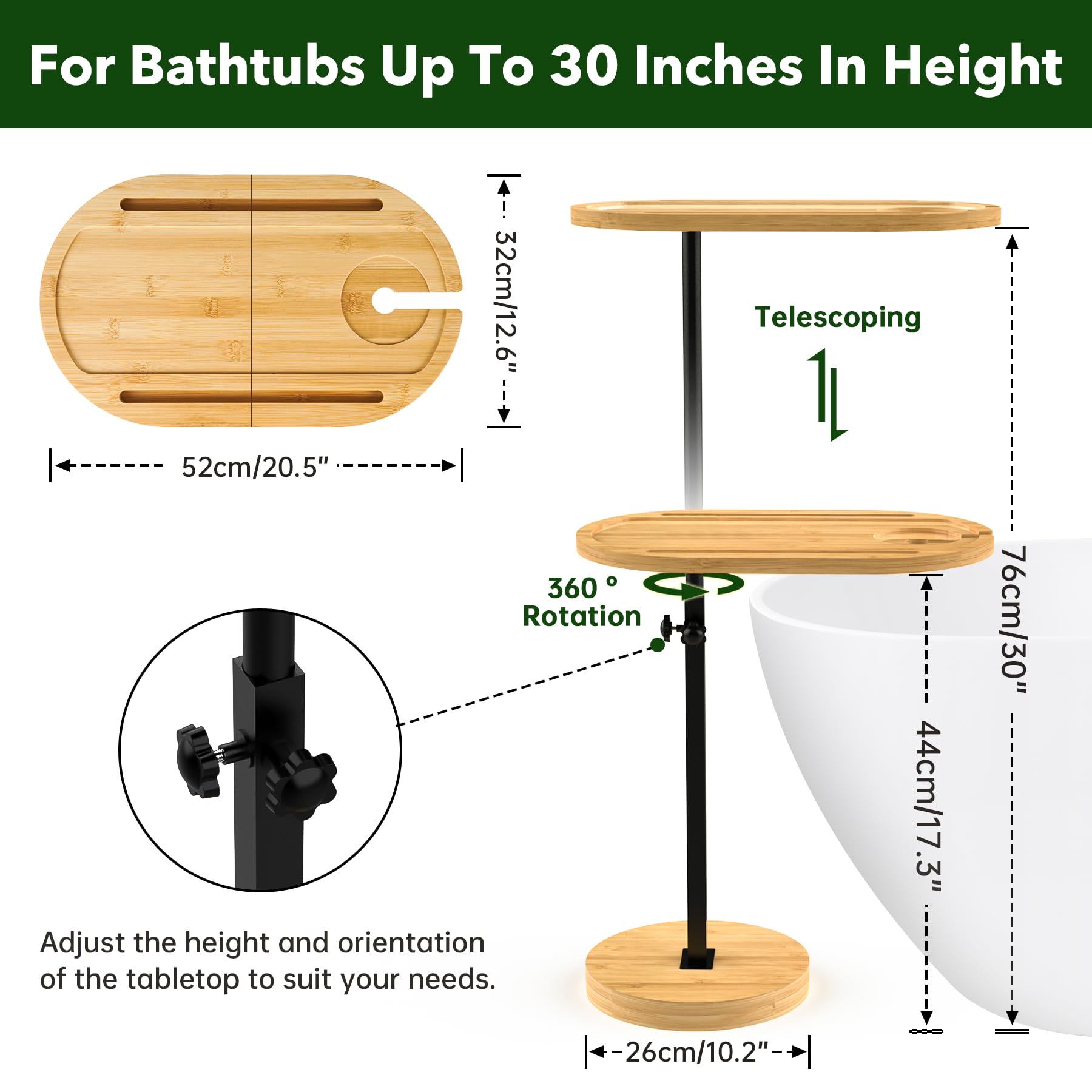 NiHome Mesa giratoria grande para TV con base gruesa y estable que no se vuelca, bandeja de mesa de sofá de altura ajustable, mesa auxiliar, mesa auxiliar de bañera giratoria 360° para bañera de