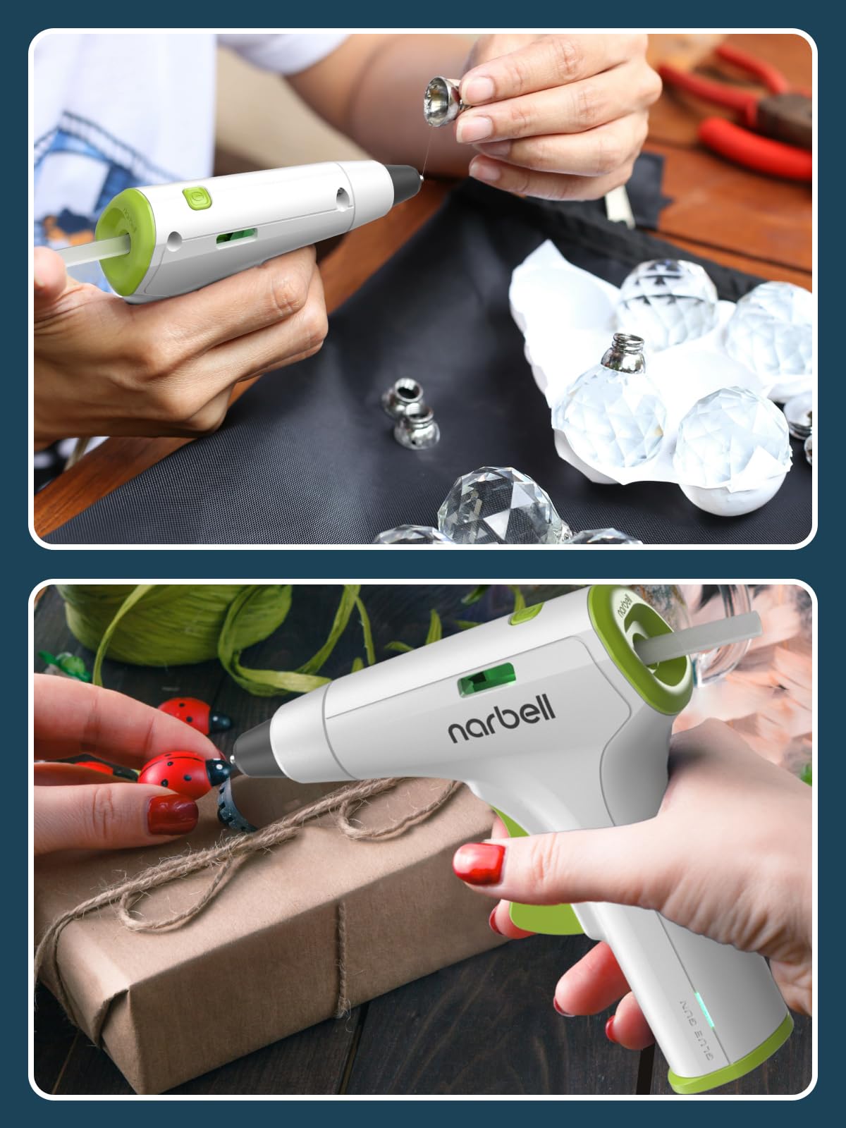 Narbell Kit de pistola de pegamento caliente inalámbrica con 30 varillas, menos boquilla de goteo, precalentamiento de 12 segundos, batería de 2 Ah, apagado automático, para manualidades escolares,