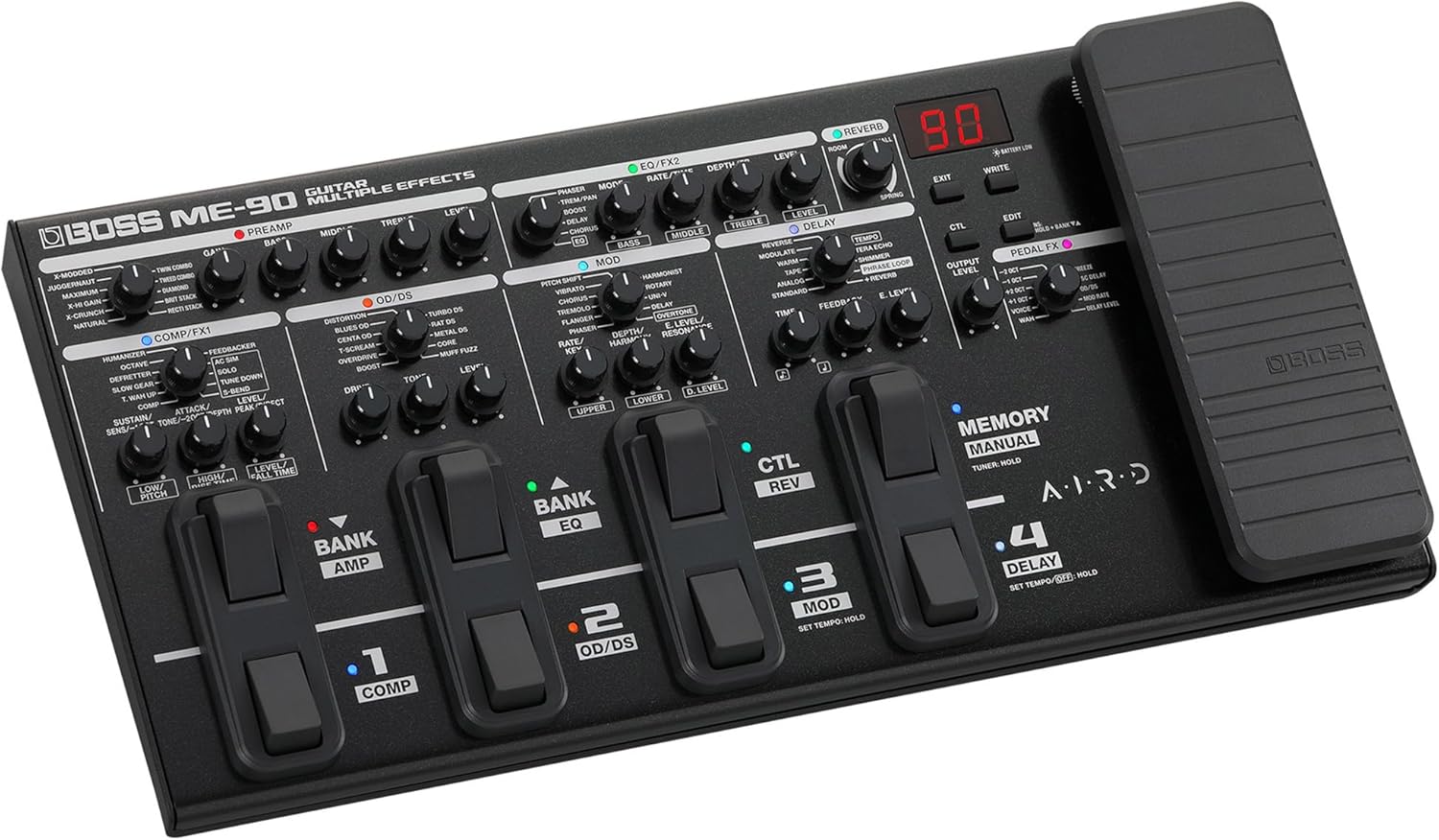 Boss ME-90 Guitar Multiple Effects Bundle with Gearlux Power Supply, Instrument Cable, Patch Cable, and Picks