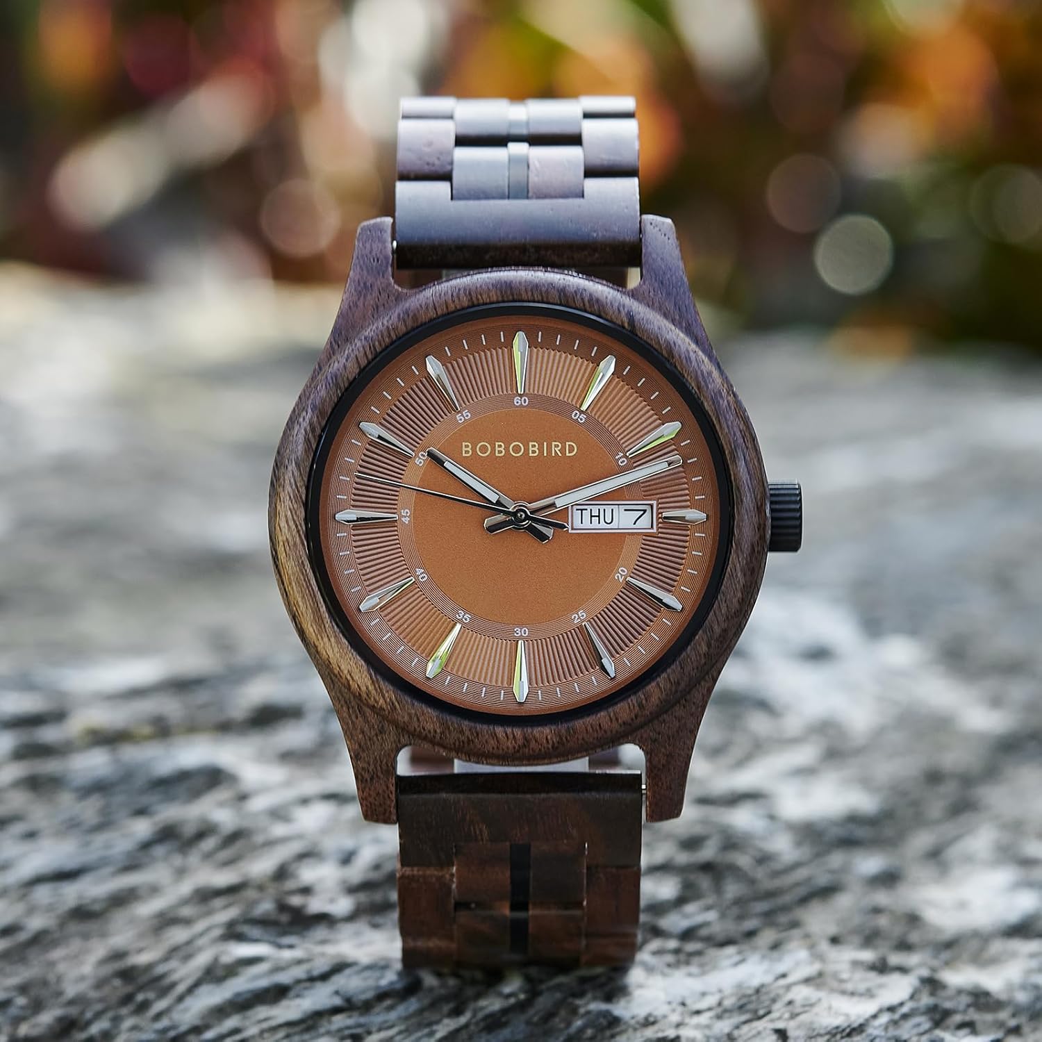 BOBO BIRD Men's Wooden Watch with Quartz Movement Week Date Display Wood Watches 44mm Case for Men
