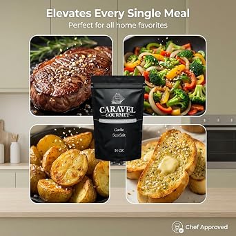 Caravel Gourmet Garlic Sea Salt, Rich Savory Flavor, 14 oz Refill Pouch