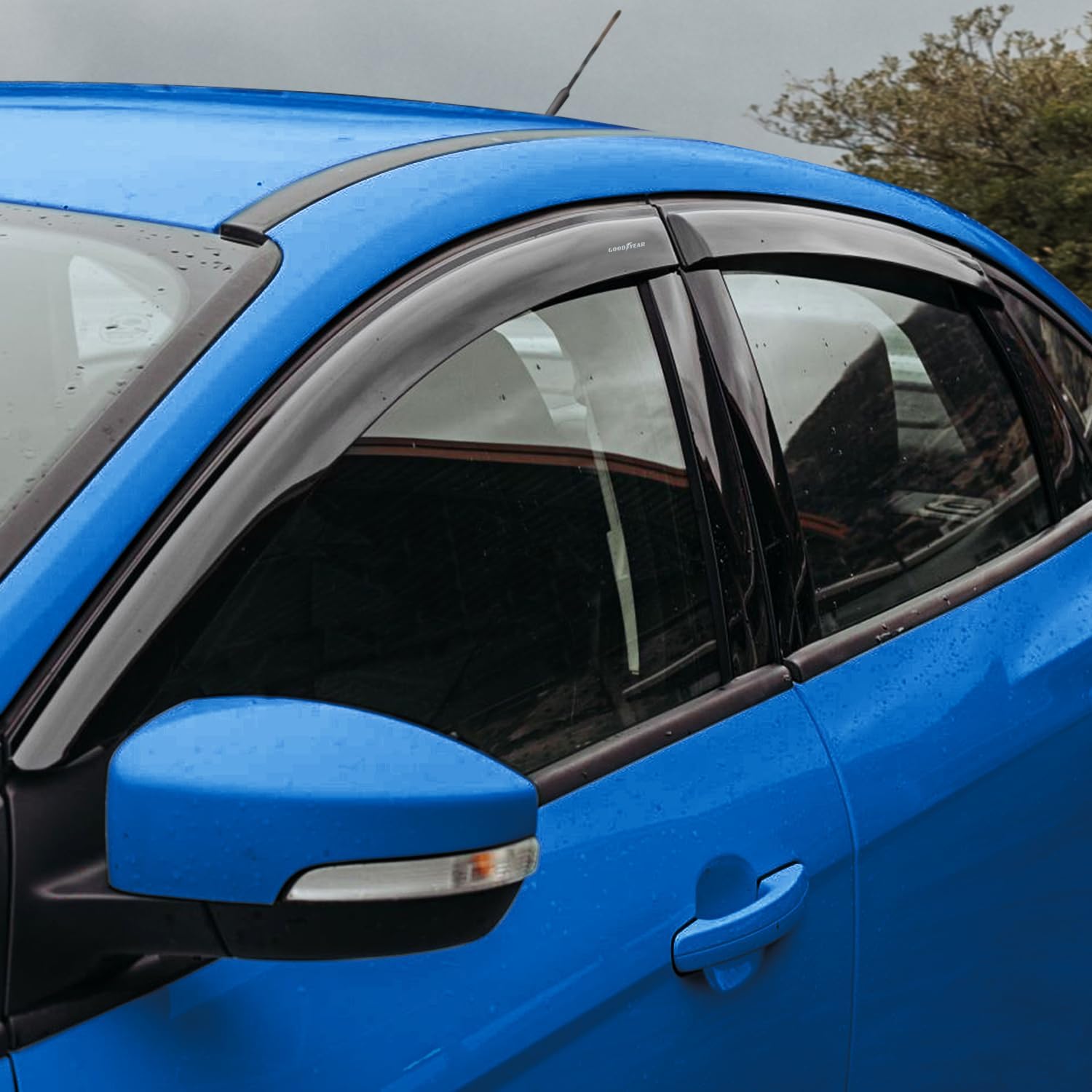 Goodyear Shatterproof Side Window Deflectors for Ford Focus 2012-2018, Tape-on Rain Guards, Window Visors for Cars, Vent Deflector, Vent Visor, Car Accessories, 4 pcs - GY008854