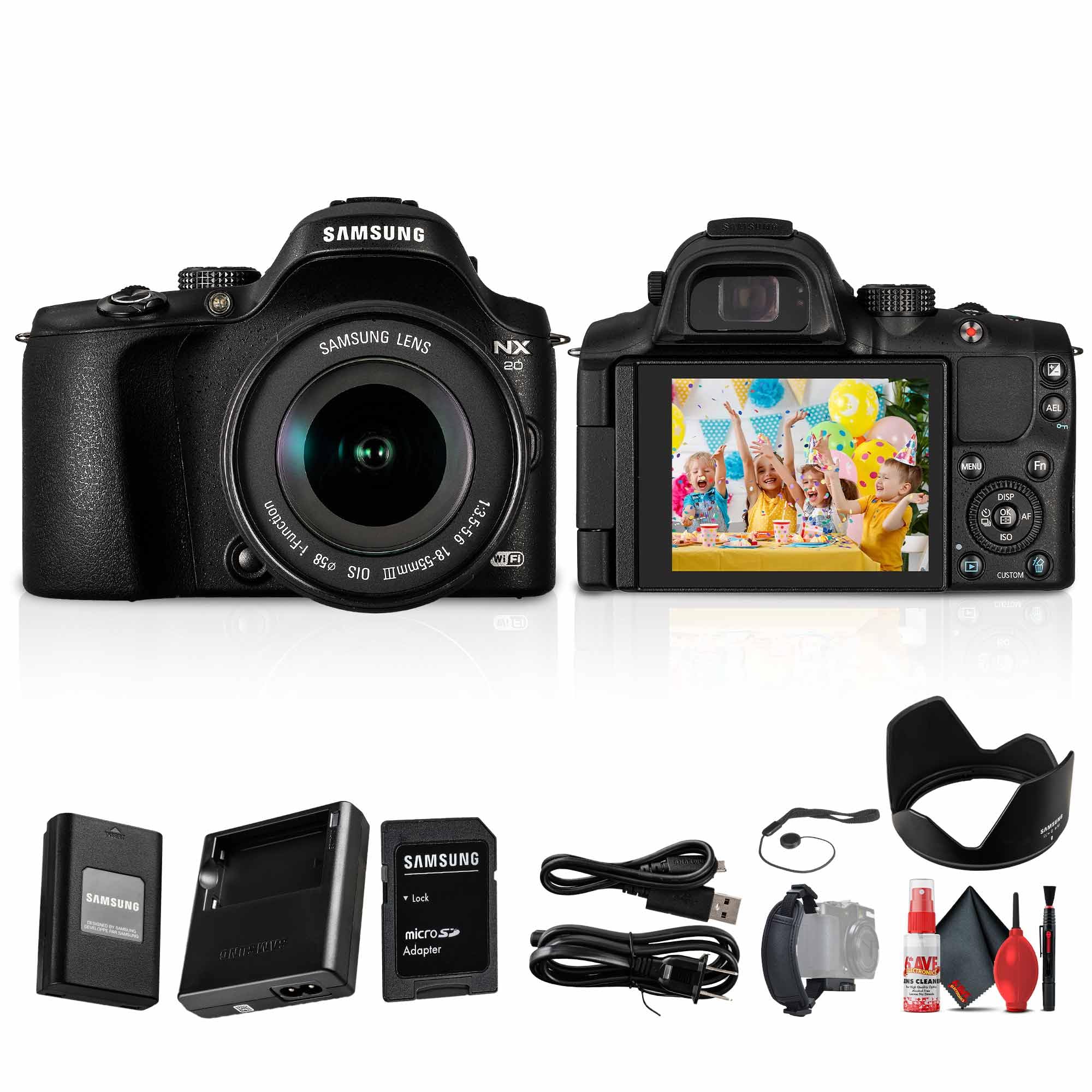 Samsung 20.3Mp NX20 Mirrorless Wi-Fi Digital Camera with 18-55mm Lens Bundle Including: Battery, Charger, Hand Strap, Cleaning Kit, Cap Keeper