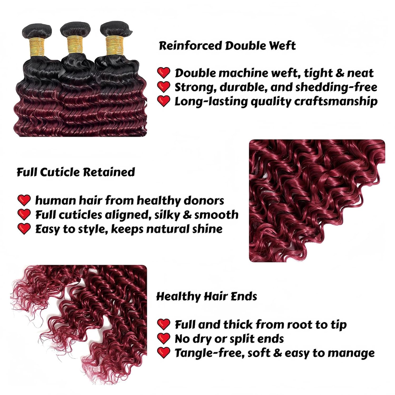 T1B/99J Ombre Black to Burgundy Deep Wave Human Hair 3 Bundles 18 20 22 Inch Brazilian Virgin Remy Hair Extensions for Black Women