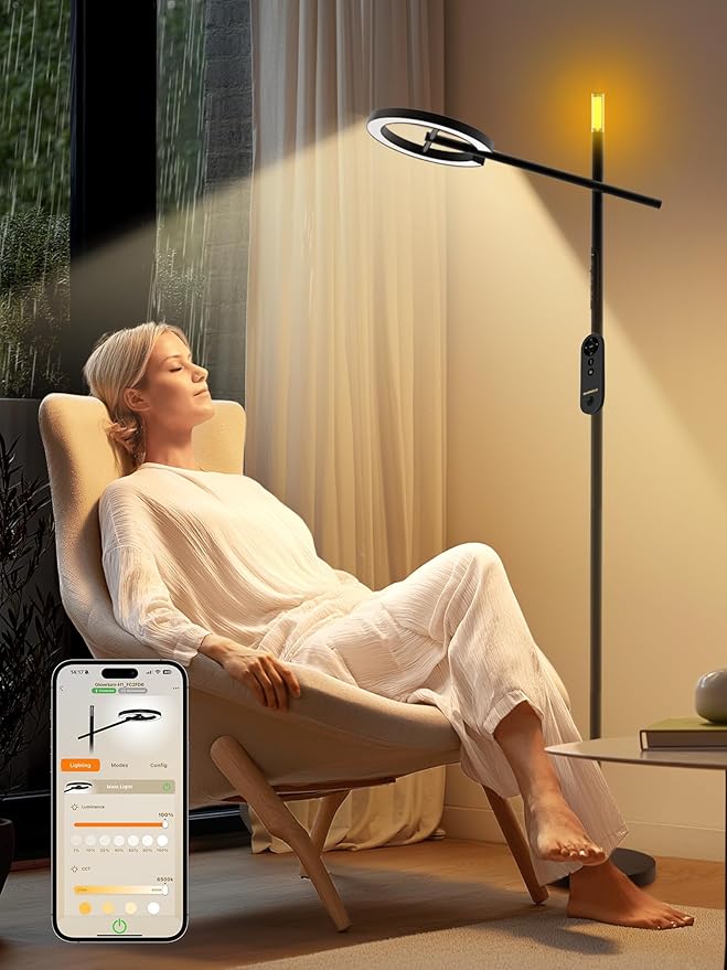 GLOWRIUM GLOWRIUM Smart Light Therapy Lamp, 10000 Lux UV-Free Sun Lamp, 2700-6500K Floor Lamp Therapy Light, Stepless Dimmable Energy Sunlight with App & Remote, Timer, Cozy Light Settings for Winding Down