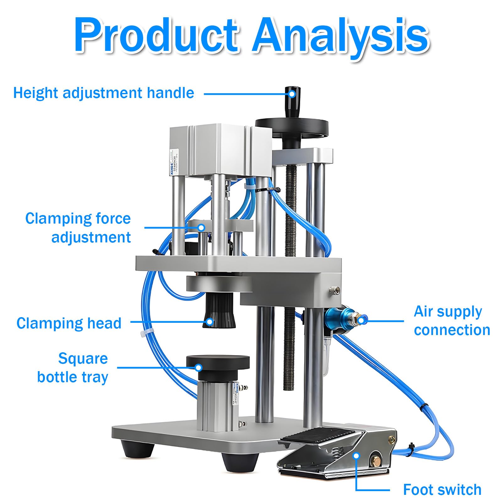 Máquina taponadora automática de botellas de perfume, control de interruptor de pie, tapadora de altura ajustable para viales y botellas, recipientes de aceite esencial de perfume de 13-20 mm