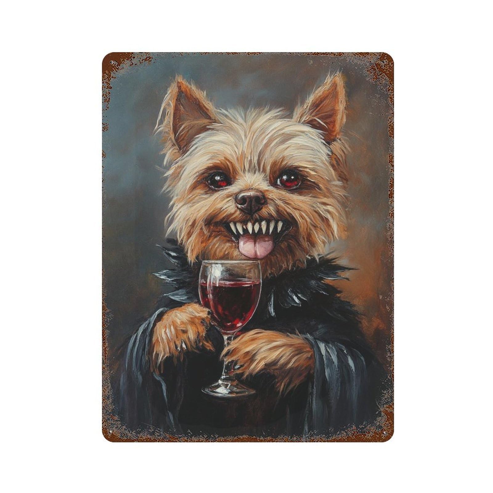 Garage Style Yorkie Wine Lover Art Print Rust Effect Tin Sign 15.7"x11.8", Rustic Home Decor for Bar And Workshop