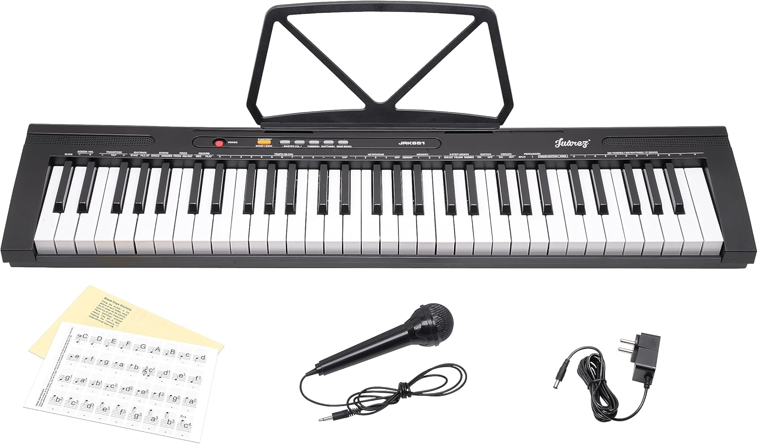 JUAREZ Octavé JRK651 61 Keys Electronic Keyboard Piano | Adapter | Key Note Stickers | Music Sheet Stand | 300 Rhythms | 300 Timbres | 21 Demos