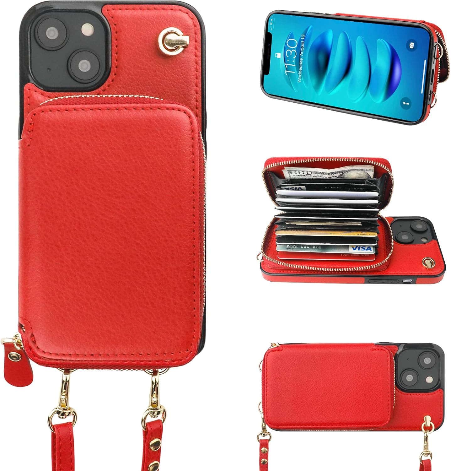Bocasal Crossbody Wallet Case for iPhone 14 Plus, RFID Blocking Leather Purse Case with Card Holder, Protective Handbag Flip Cover with Zipper Wrist Strap Lanyard for Women 5G 6.7 Inch (Red)