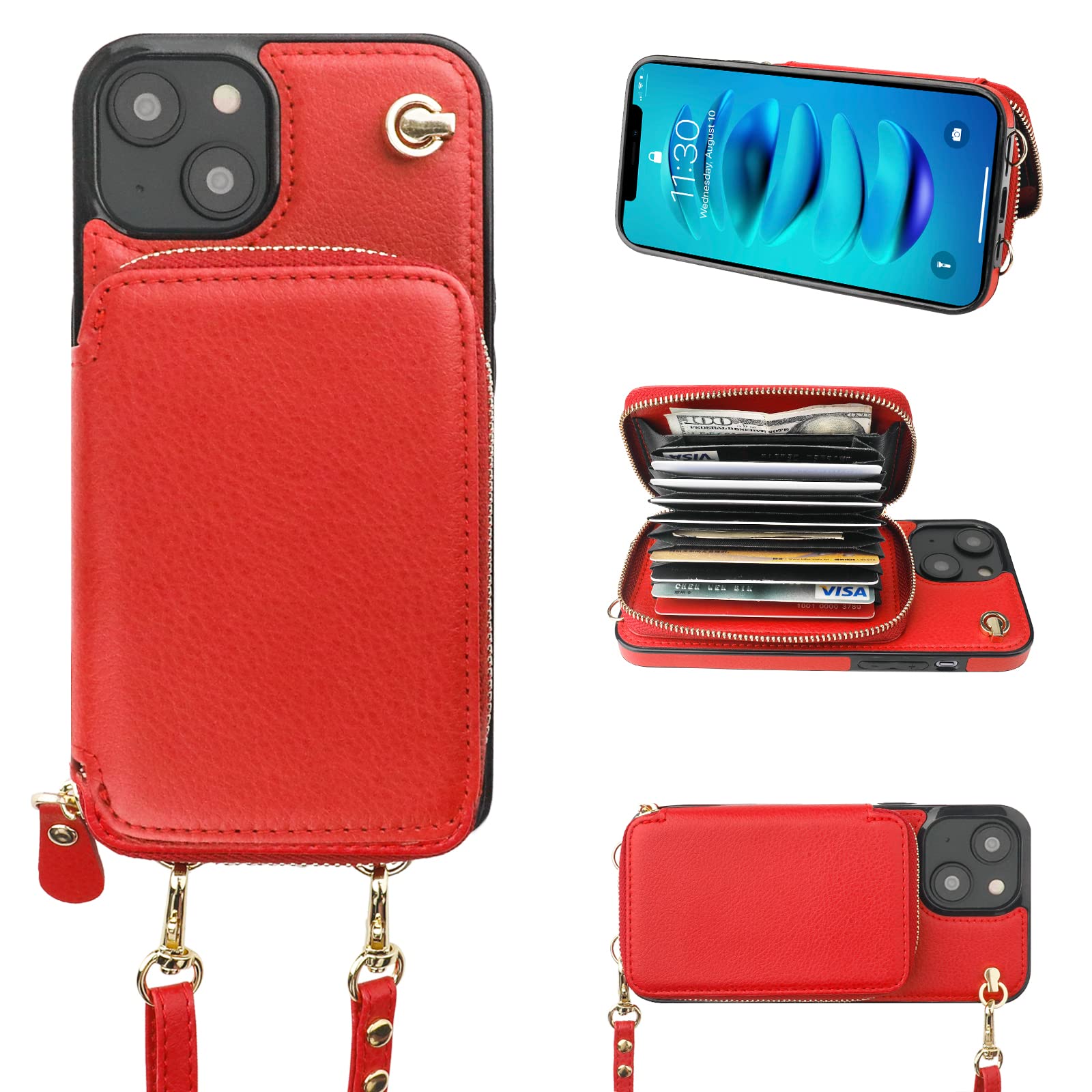 Bocasal Crossbody Wallet Case for iPhone 14 Plus, RFID Blocking Leather Purse Case with Card Holder, Protective Handbag Flip Cover with Zipper Wrist
