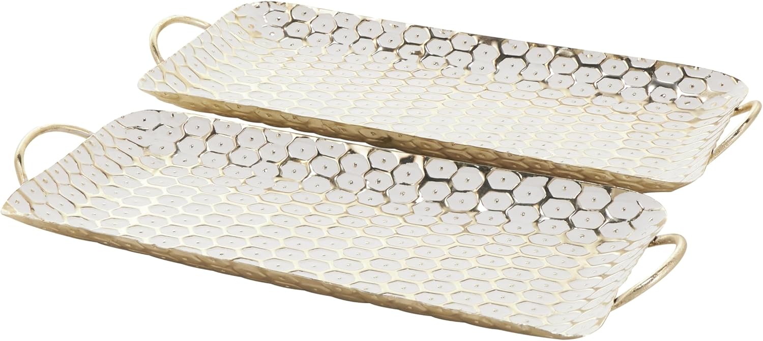 Deco 79 Metal Geometric Living Room Decor Tray Geometric Dot Ottoman Tray with White Accents, Set of 2 Serving Tray 19", 19" W, Gold