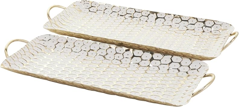 Deco 79 Metal Geometric Living Room Decor Tray Geometric Dot Ottoman Tray with White Accents, Set of 2 Serving Tray 19", 19" W, Gold