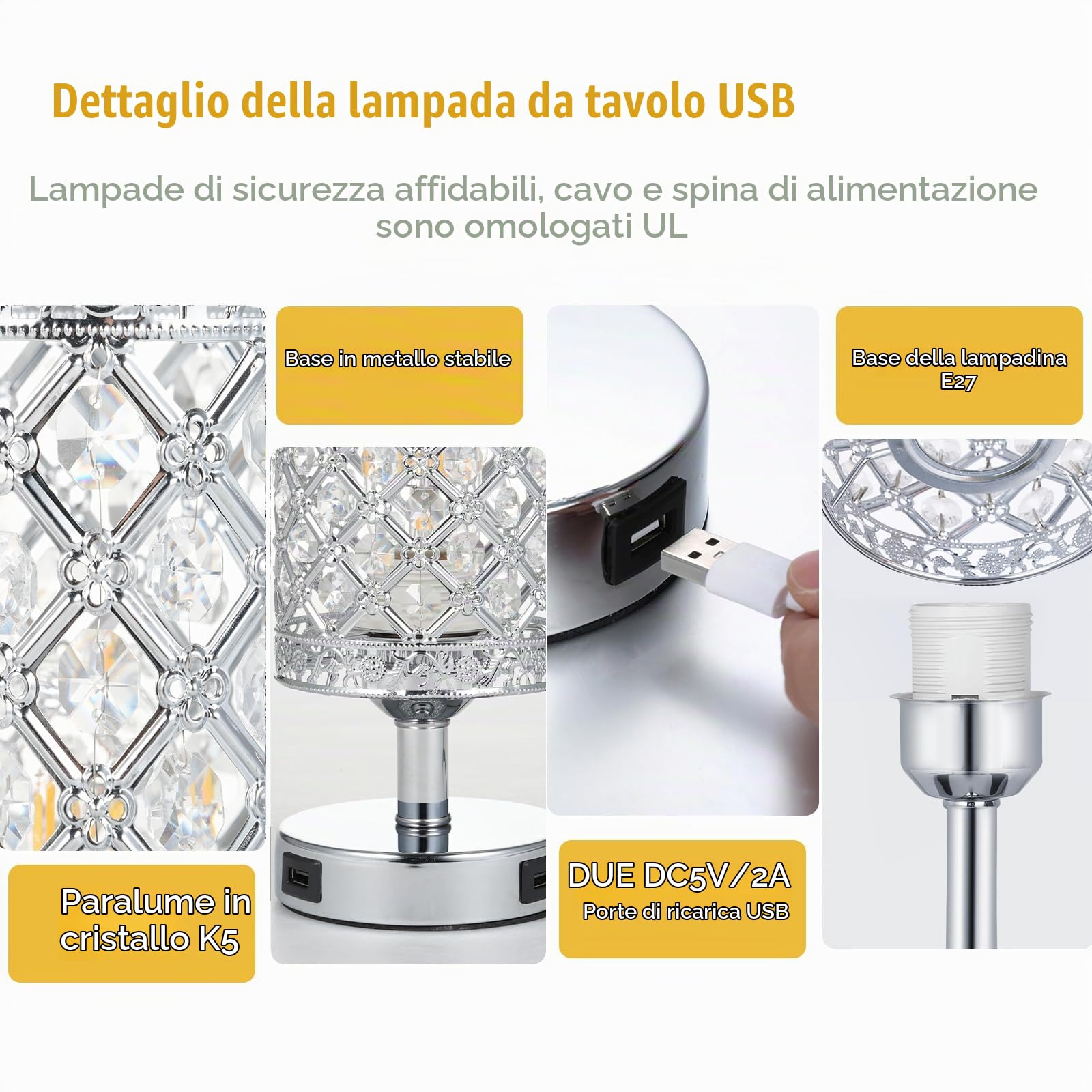 Tomshine Lampada da Comodino in Cristallo 2Pezzi, Lampada da Tavolo con 2 Ricarica USB Tocco di Supporto con 2 Lampadina Per Comodini da Camera da Letto