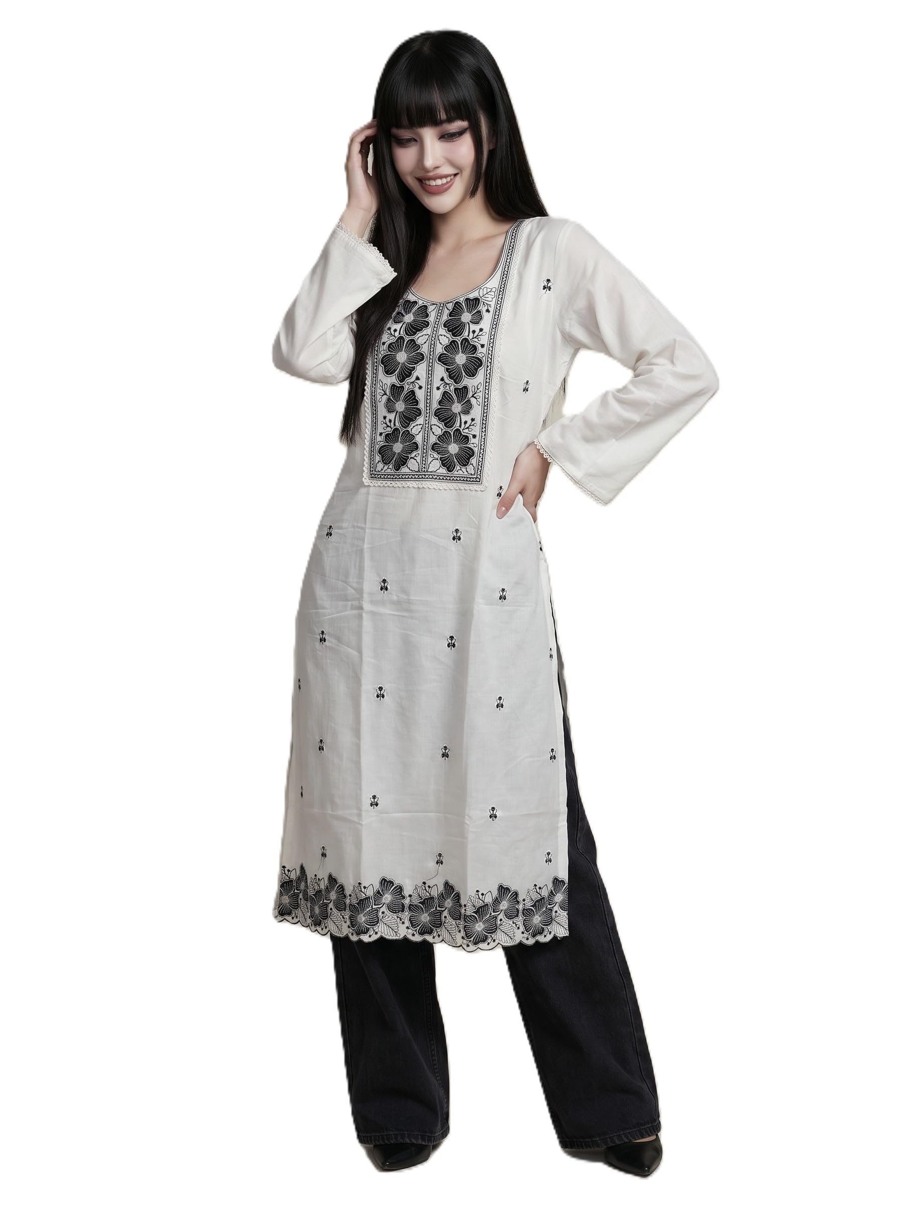 Women's Premium Cotton Silk Unstitched Kurti Material | Heavy Floral Embroidered Kurta Fabric with Lace Border (Top Only)-picture-30