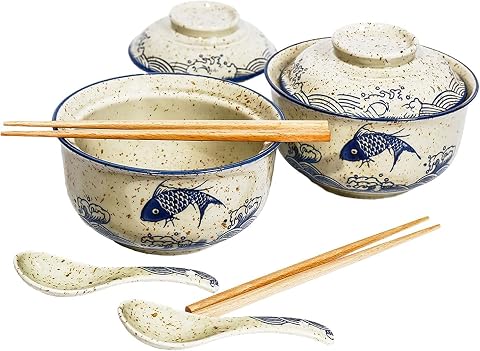 Ceramic Ramen Bowl Set, 800ml, with Lid, Spoon and Chopsticks, Fish Pattern