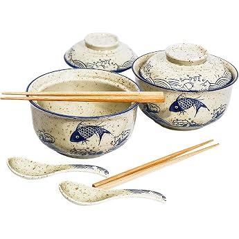 Ceramic Ramen Bowl Set 800 ml with Lid Spoon and Chopsticks Japanese Vintage Large Soup Bowls Instant Noodle Bowl Asian Tableware Fish x 2
