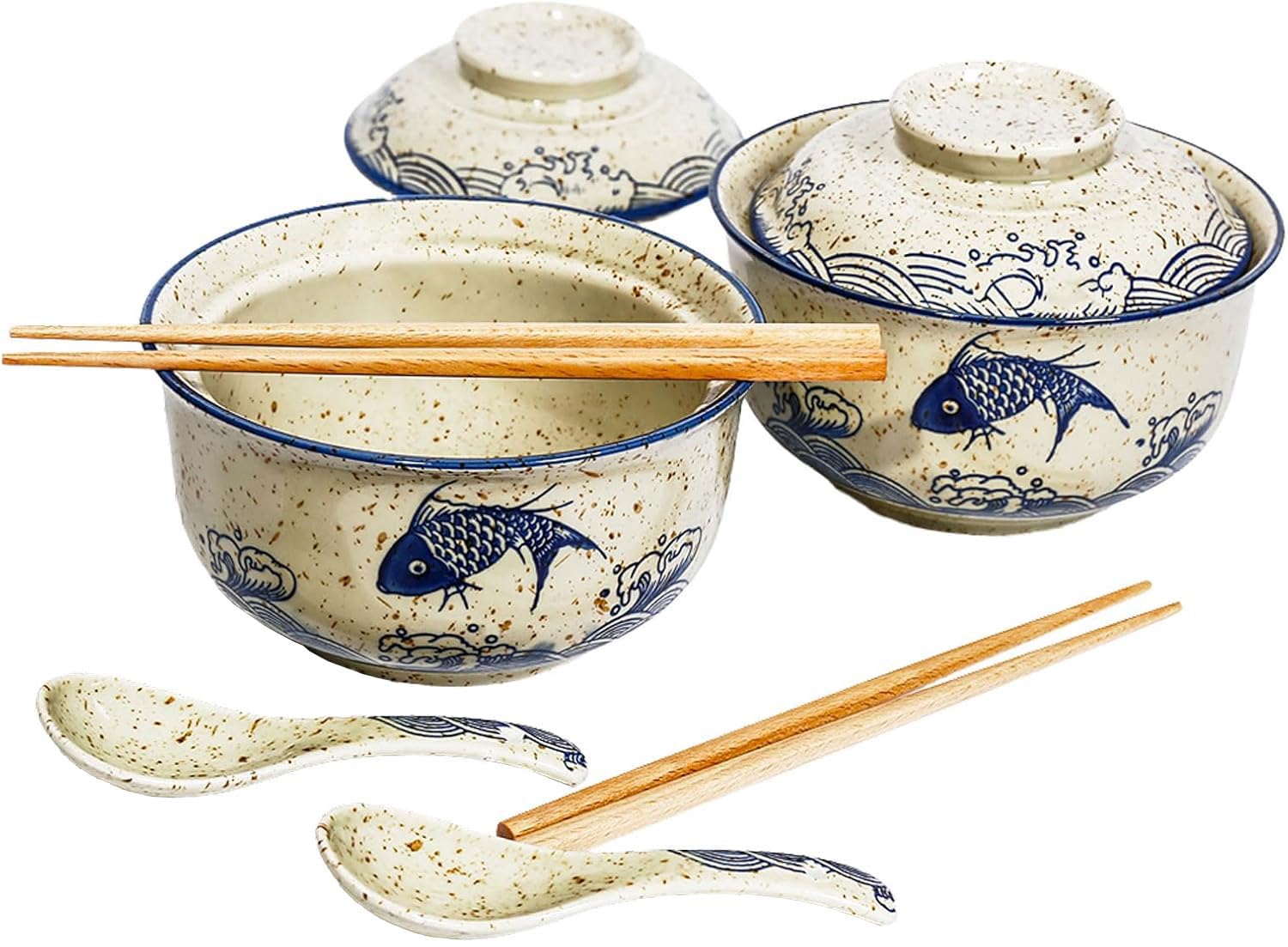 Keramik-Ramenschüssel-Set, 800 ml, mit Deckel, Löffel und Essstäbchen, Japanische Vintage Große Suppenschalen Instant Nudel Schüssel Asiatisch Geschirr (Fisch*2)