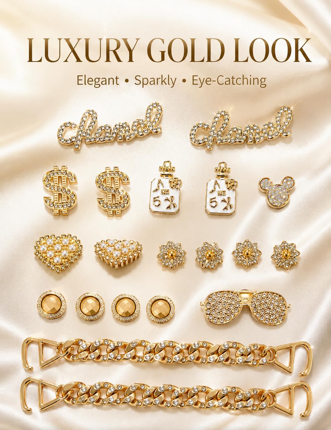 Bling Croc Charms for Women, Gold Clog Shoe Charms Set, Rhinestone Decor