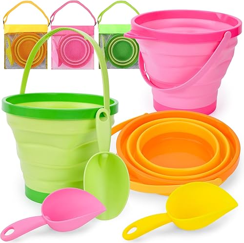 Shindel Juego de cubos de playa plegables de 9 piezas, cubo de arena colorido y palas con bolsa de malla, juguetes de arena para playa, juguetes de