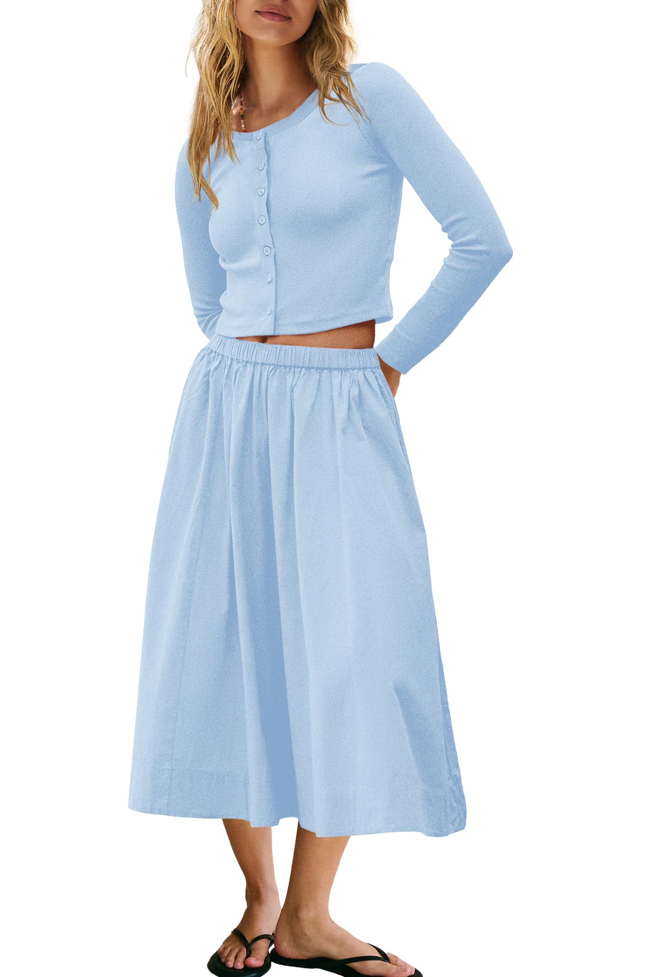Womens 2 Piece Lounge Sets Matching Vacation Outfits Ribbed Button Down Cardigan and Elastic Waist Skirt Sets-image-26