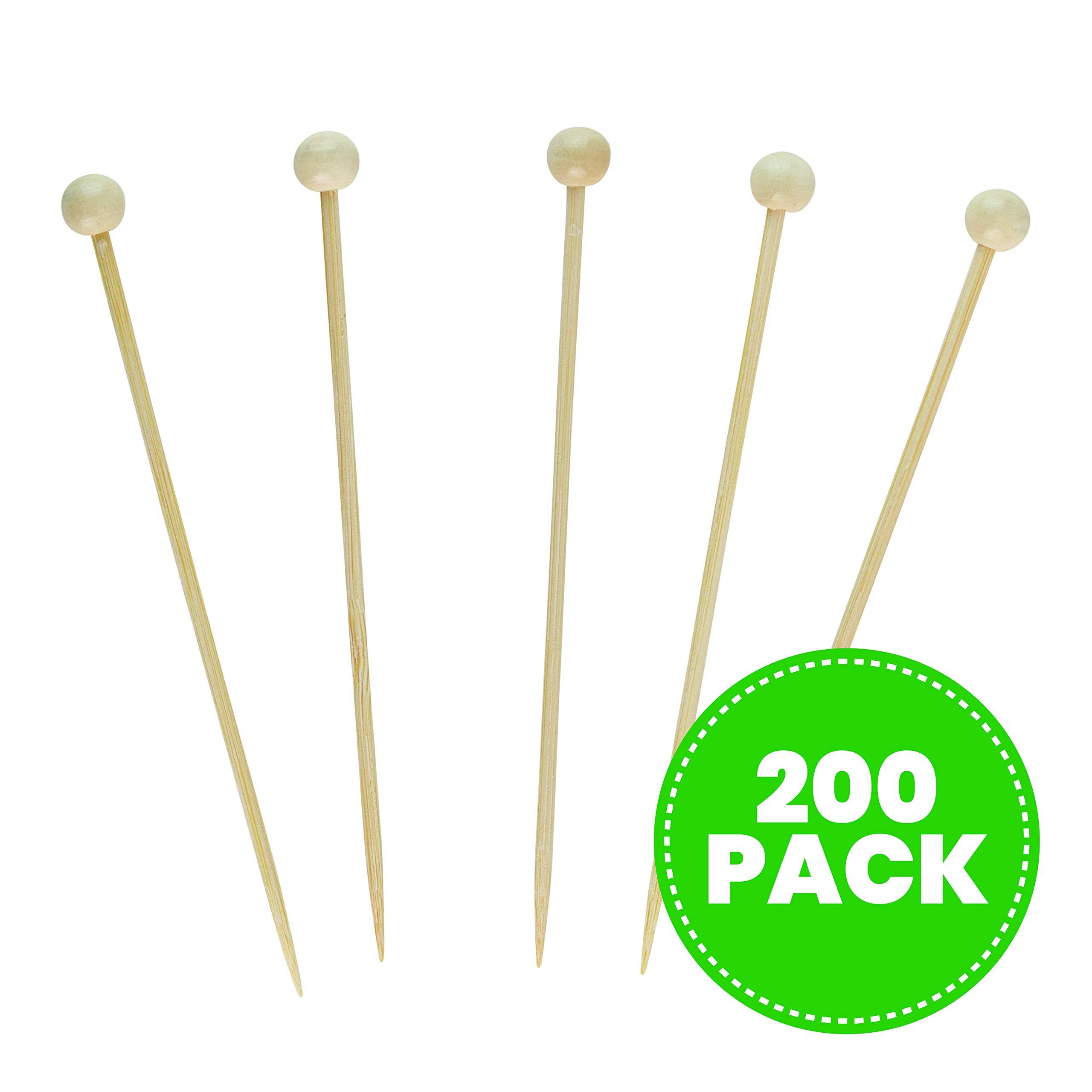 Plasticpro Cocktail Picks Bamboo Toothpicks with Ball End for Cocktails, Appetizers, Fruits, Dessert, 3.5 inches Pack of 200