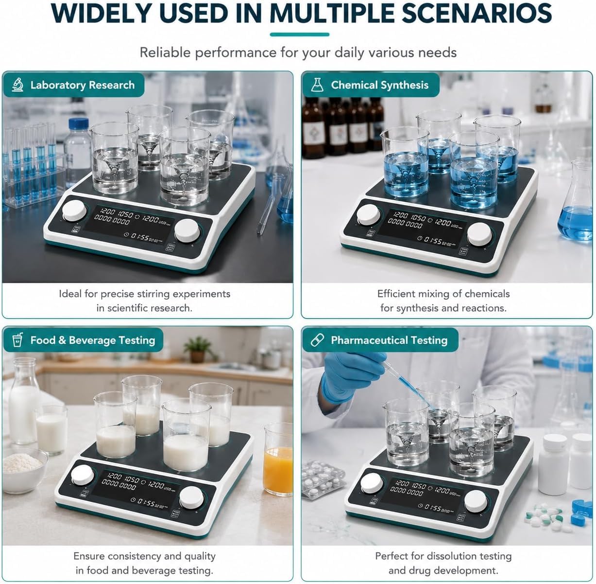 Laboratoryjne wielopozycyjne mieszadło magnetyczne, mieszadło magnetyczne z wyświetlaczem LED, z synchronizacją/asynchroniczną kontrolą, wyświetlacz LED, prędkość 50-1500 obr./min i timer (1