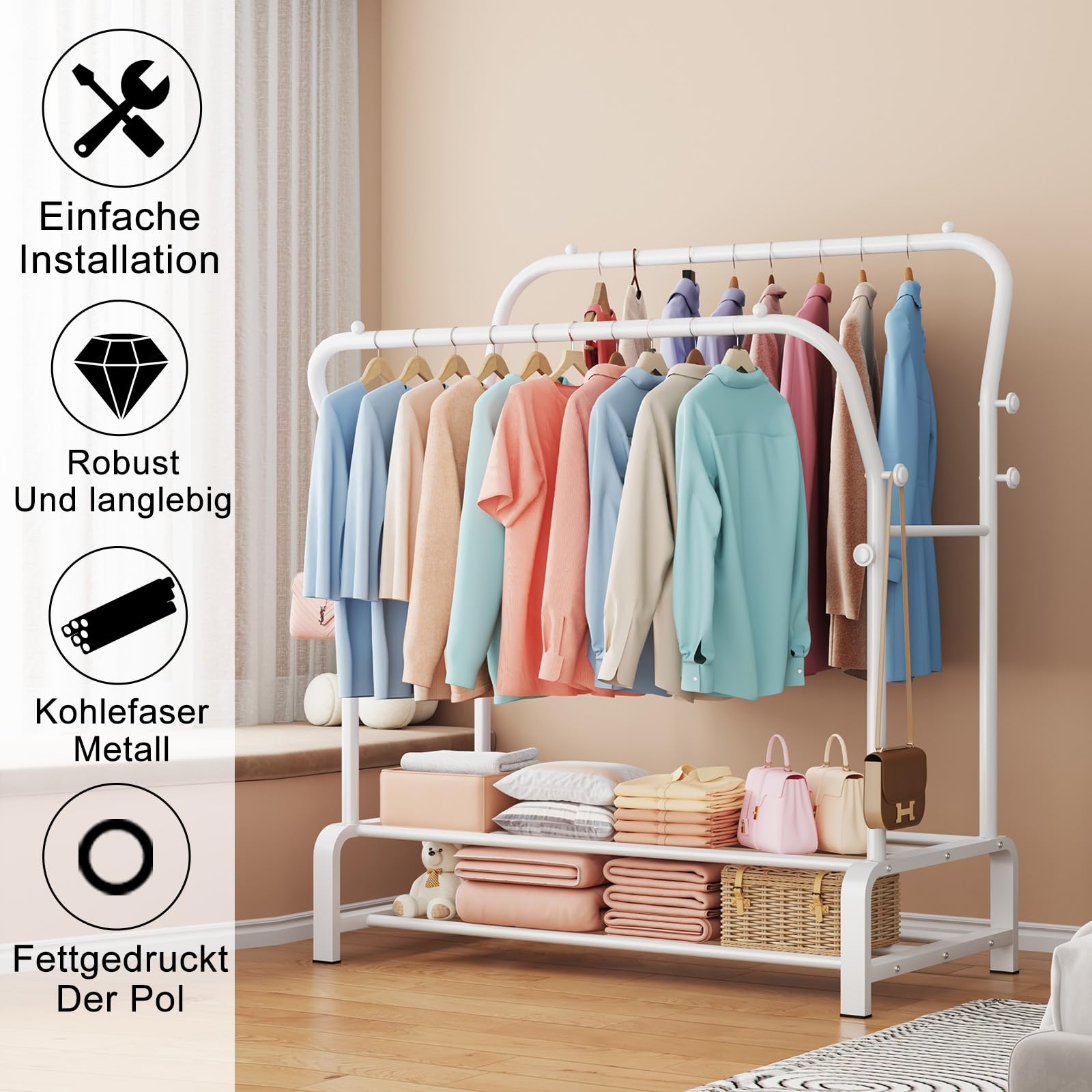 OPPAIYA Schwerlast Kleiderständer & Garderobenständer mit Doppel-Kleiderstange und 8 Haken, Stabiler Metall Kleiderwagen mit breiter Bodenablage, Für Schlafzimmer oder Flur – 110×51×145 cm, Weiß