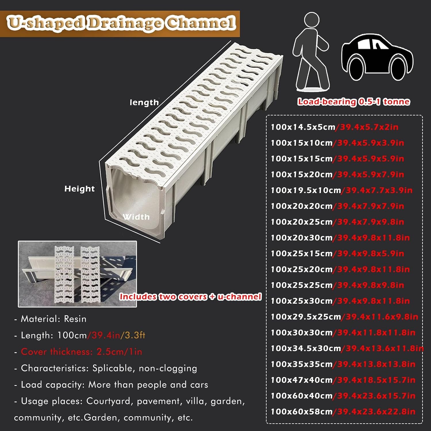 U Shape Drainage Gutter Cover Grate, 23 18 13 12 10 9 8 6 Inch Balcony/Garage/Pavement/Basement Floor Drain System, Rectangle Rainwater Grating, Easy to Install(100x25x20cm/39.4x9.8x11.8in)