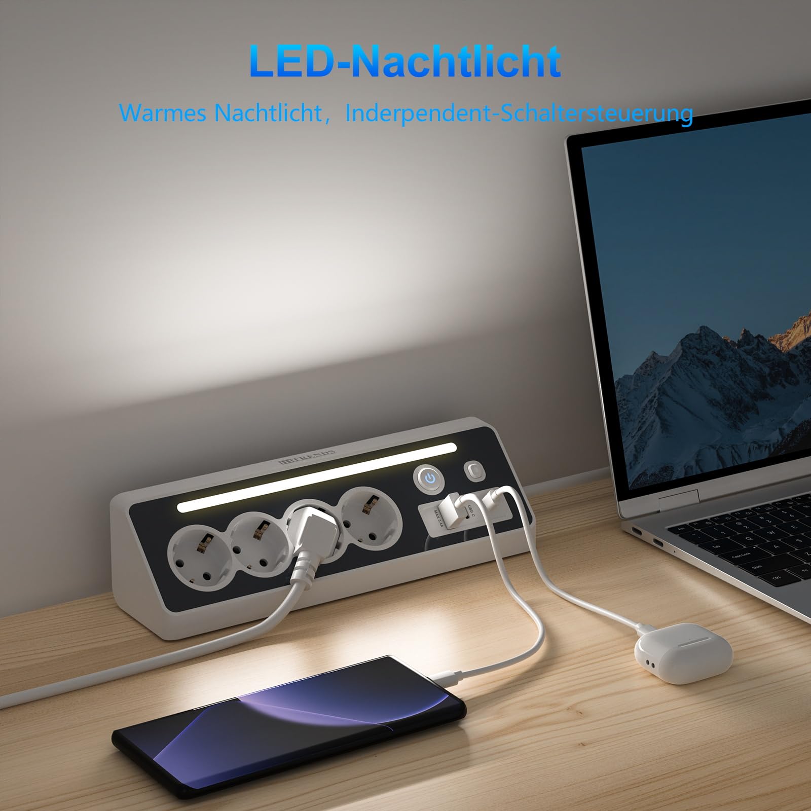 Listwa zasilająca z 4 gniazdami wtykowymi z 3 gniazdami USB, z gniazdem USB C, listwa zasilająca na biurko ze światłem, kabel 2 m, biała