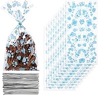 COMTIM 100 Pack Blue Paw & Heart Cellophane Dog Treat Bags with Silver Twist Ties - Pet Party Favors