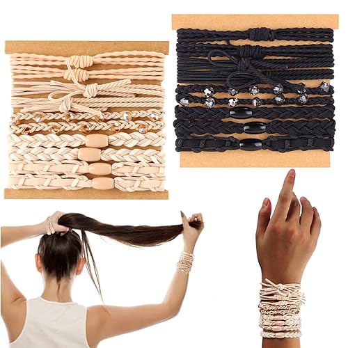 Pulsera bohemia para el cabello, 20 unidades elásticas sin daños, accesorios para el cabello para niñas (negro y rosa)