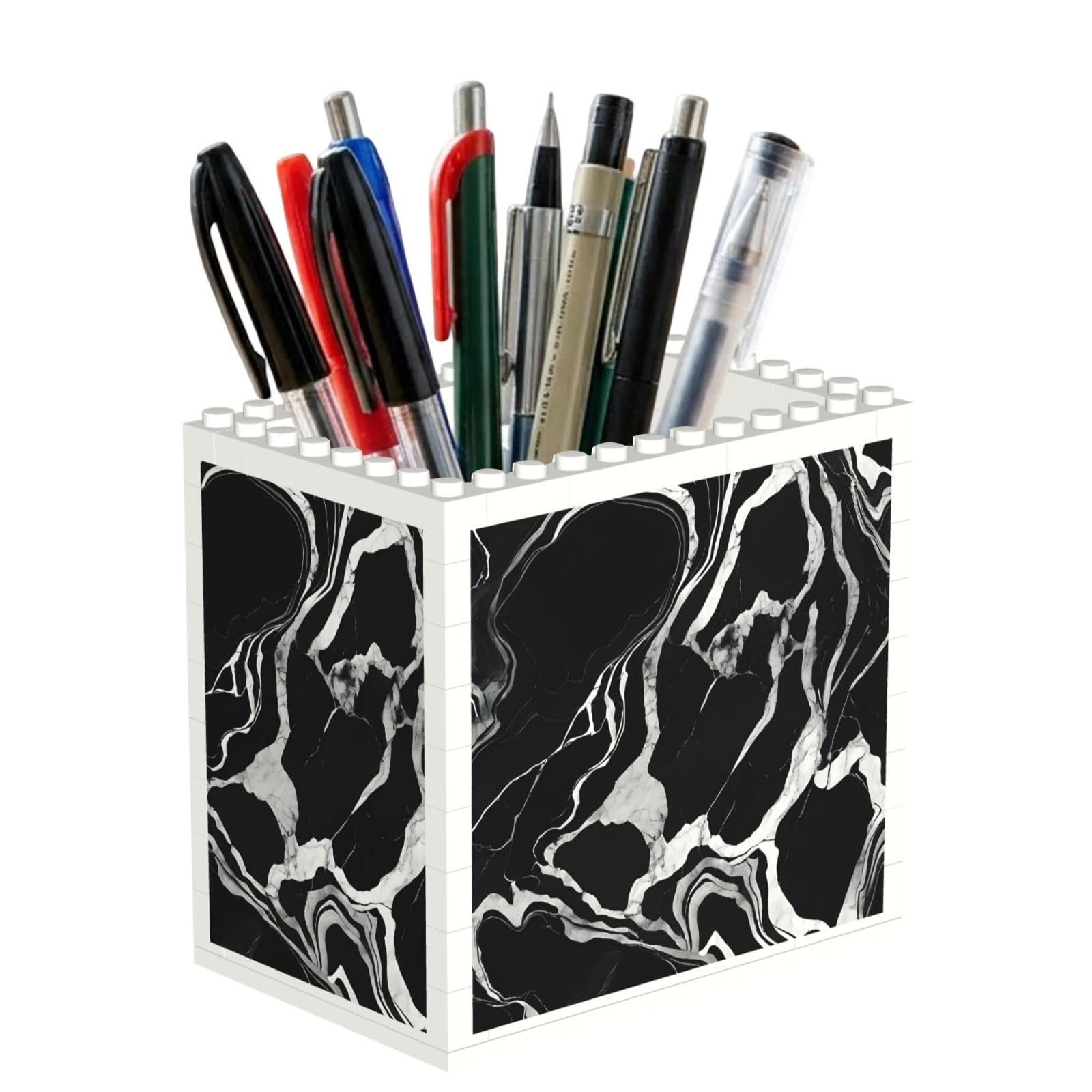 ESNAIUVCD Black And White Marble Print Building Block Pen Holder - Pencil Holder For Desk/Classroom,Desk Accessories, Multifunctional Office Supplies Pen Organizer Pencil Cups(1pcs)