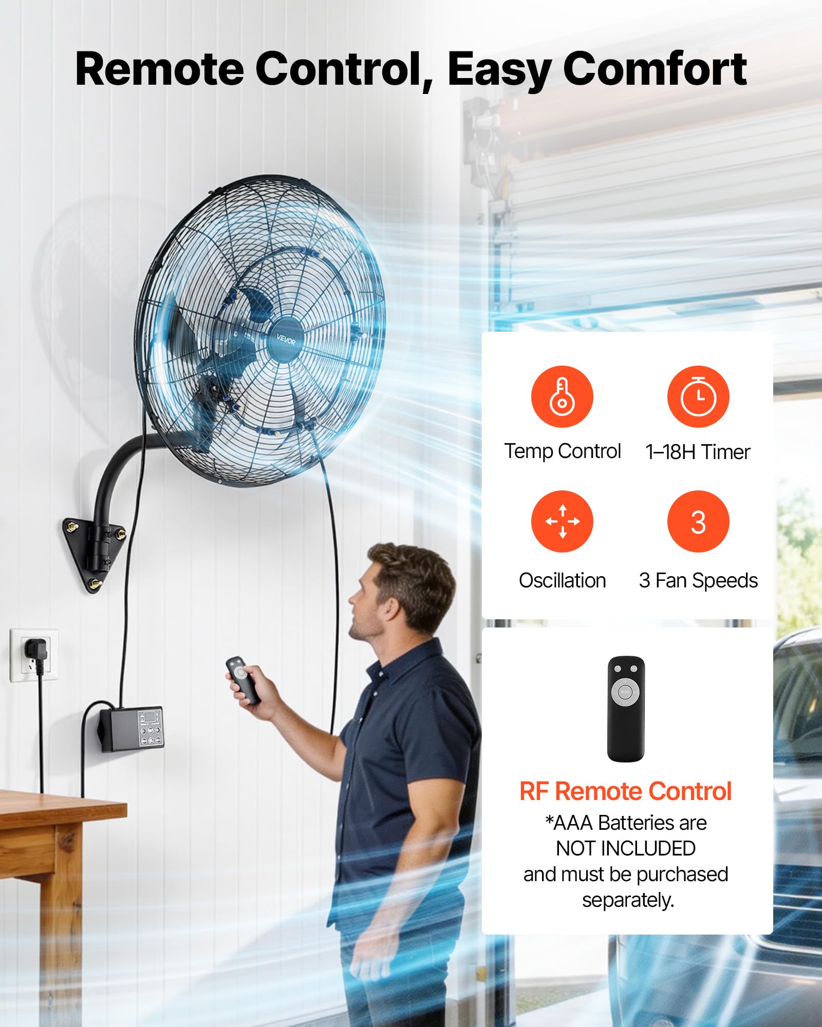 VEVOR Ventilatore da Parete Industriale, 505 mm, Ventilatore Oscillante a Muro con Nebulizzazione, IP44, 3 Velocità, Telecomando, Flusso d'Aria Potente, per Officine, Garage e Ambienti Commerciali