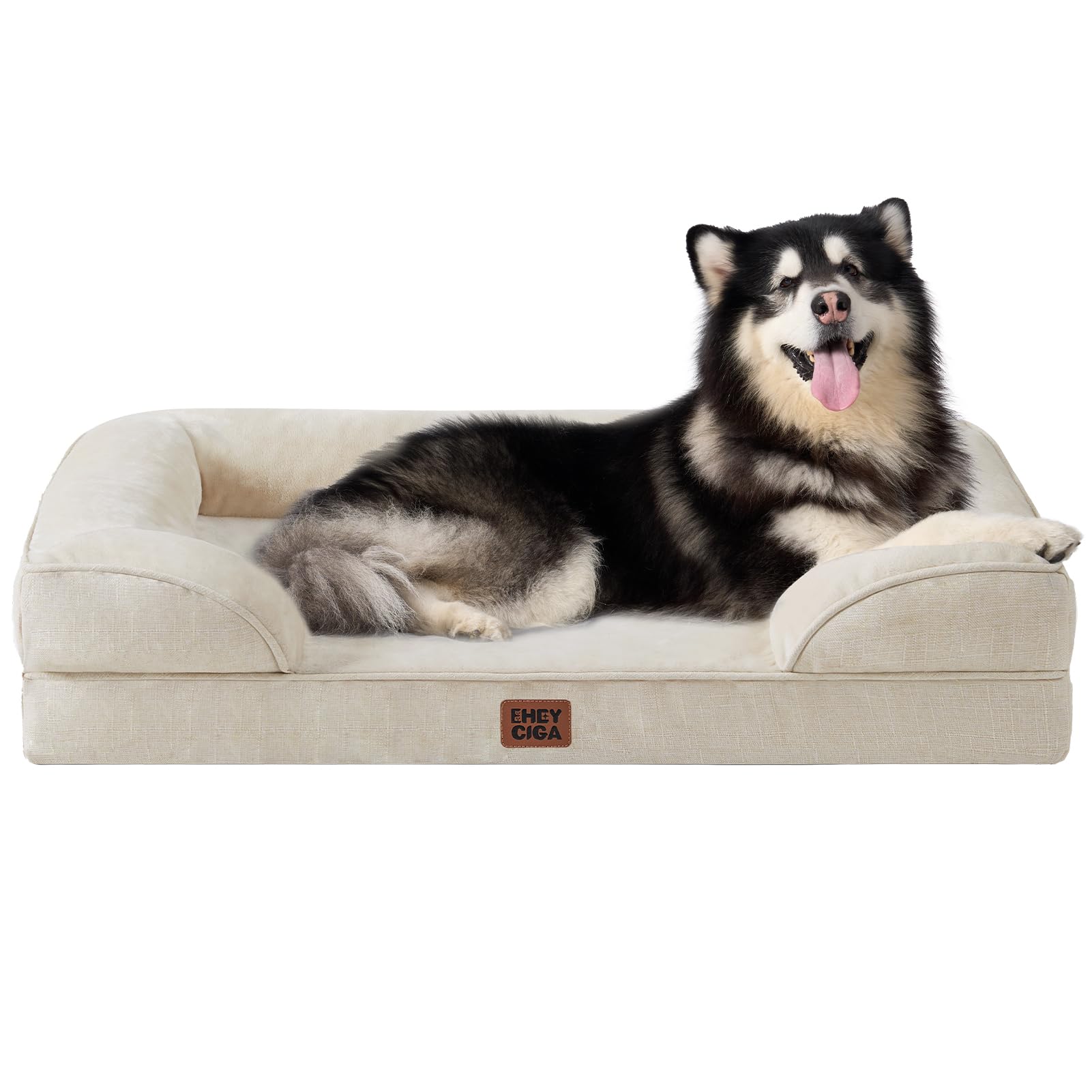 EHEYCIGA Orthopedic XXL Dog Bed for Extra Large Breeds, Waterproof Memory Foam With Sides, Non-Slip Bottom, Egg-Crate Foam Couch, Washable Removable Cover, Beige