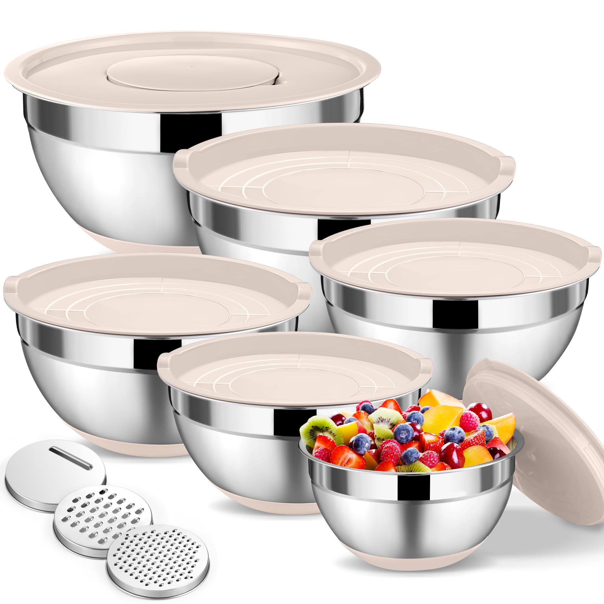 Onader Kahaki - Set di 6 ciotole in acciaio inox, con coperchio ermetico e 3 grattugie, per cucina, 4,6 l, 2,8 l, 2,5 l, 1,6 l, 1,2 l, 0,7 l, impilabili e lavabili in lavastoviglie, colore: Kahaki