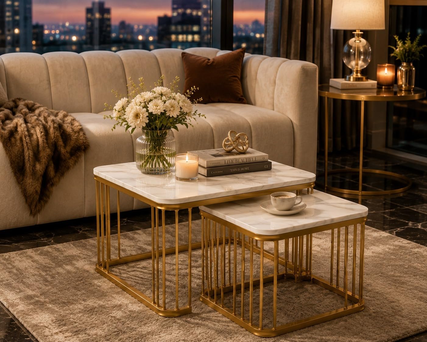 luxury square nesting coffee table set of 2 – white marble look mdf top with metal iron frame for living room, bedroom, lounge & modern home décor white & golden