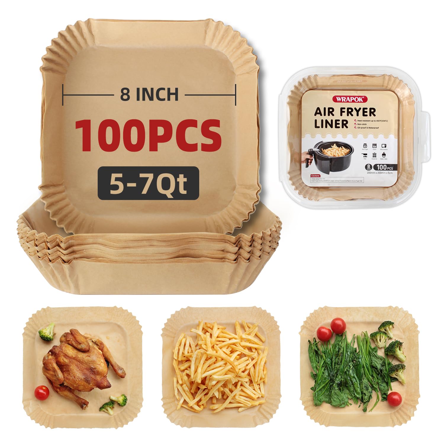 WRAPOK Air Fryer Liner 8 Inch Parchment Paper Non-Stick Perforated Sheet for Meats, Chips or Cookies - 100 Count