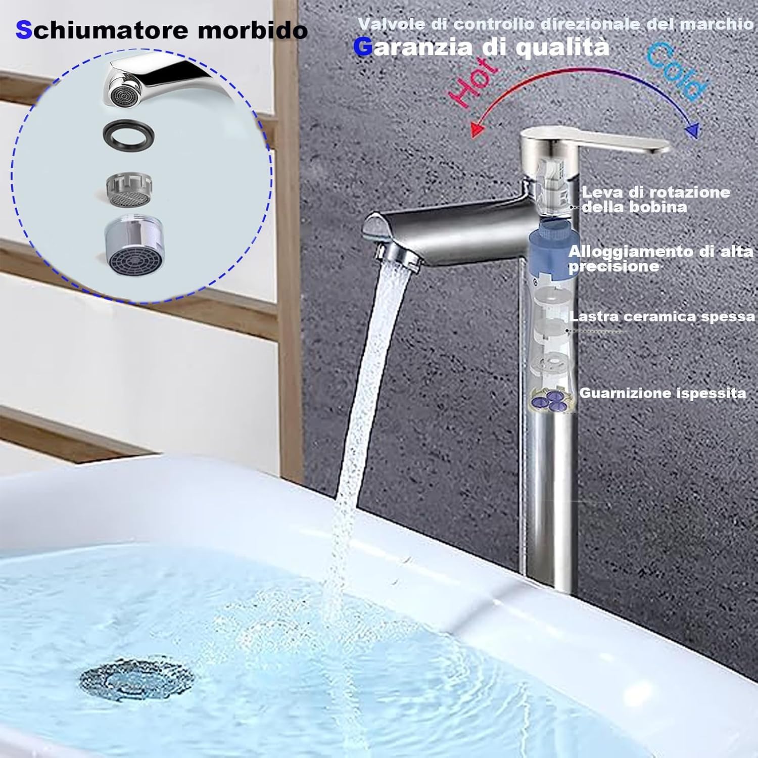 XWIHTR Rubinetti per lavabo e bagno caldi e freddi in acciaio inox, con risparmio idrico silenzioso e senza gocciolamento per bagno, lavabo, piccoli rubinetti da cucina (spazzolato - alto)