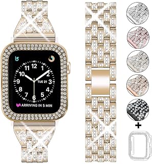 Dsytom Compatible for Apple Watch Band 45mm with Case Women,Slim Rhinestone Metal Jewelry Wristband Strap with Bling PC Protective Case Replacement for iWatch Series 7/8 (Champagne Gold)