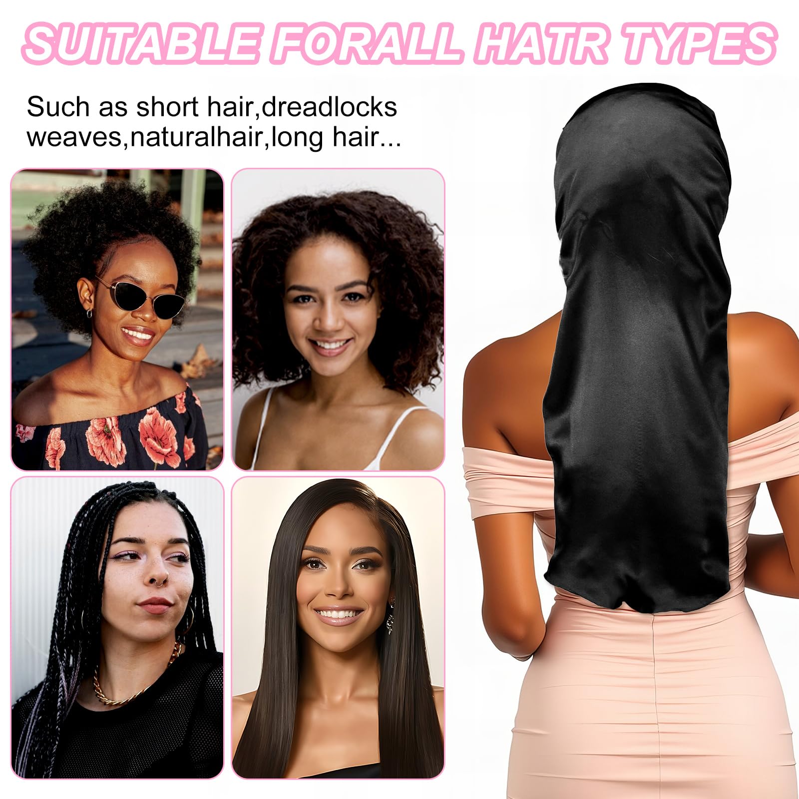 Abeillo Cuffia lunga in raso per donne che dormono, grande cuffia per capelli in seta con fascia elastica per trecce capelli ricci