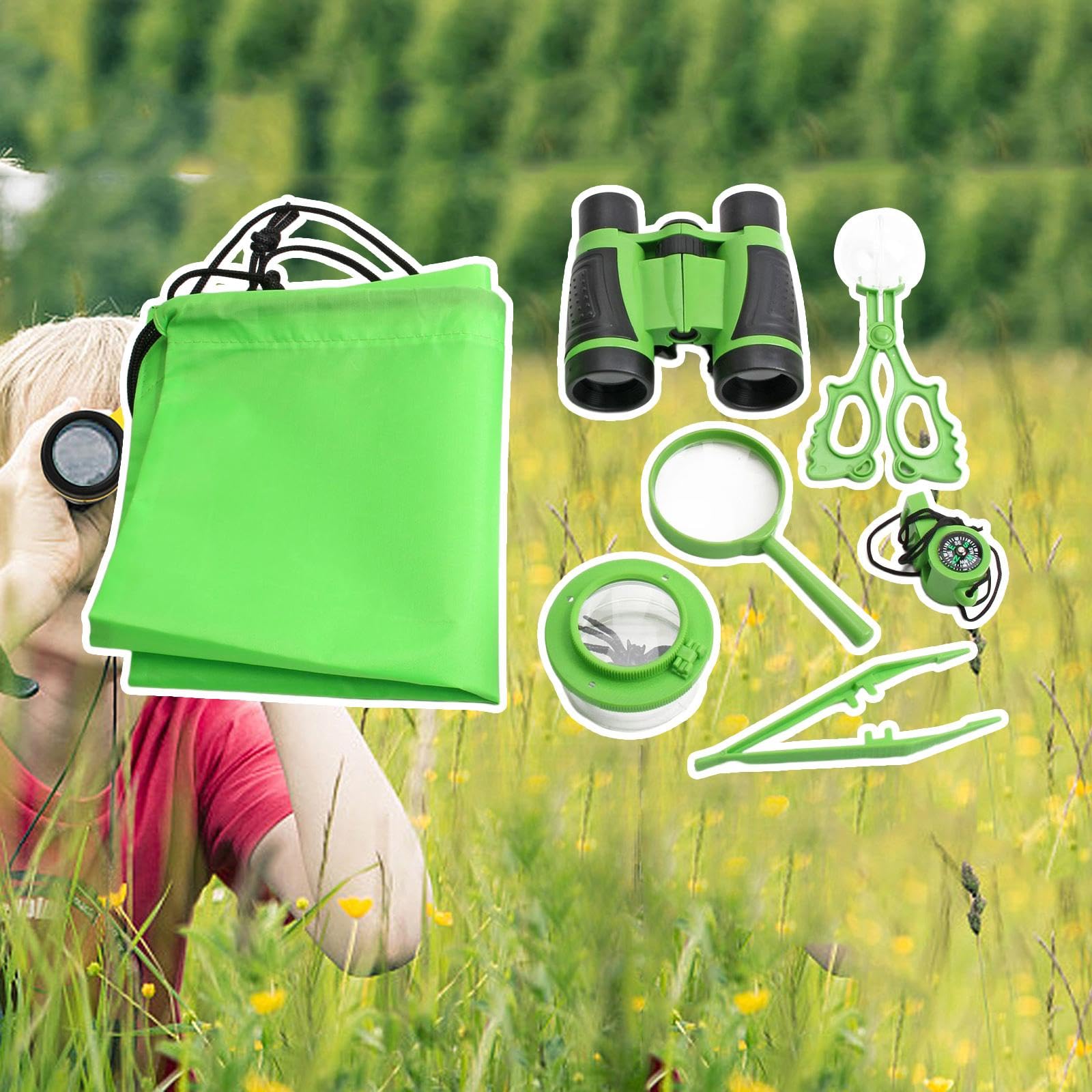 7 Pezzi Kit Avventura Binocolo Giocattolo Lente Ingrandimento Esplorazione Natura Bambini Resistente Adatto per Esplorazione Esterna Sviluppo Creativi, Verde